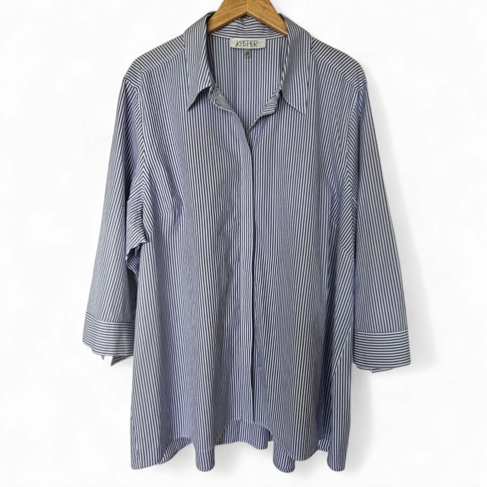 Kasper Button Up Blouse Size 24W Blue White‎ Striped 3/4 Sleeves Collared Career